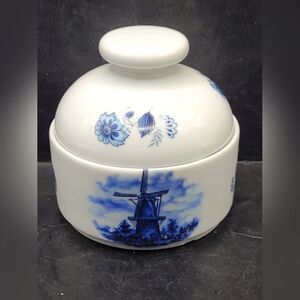 Vintage Authentic Delft Blue Covered Sugar Bowl Windmill Scene Made in Holland